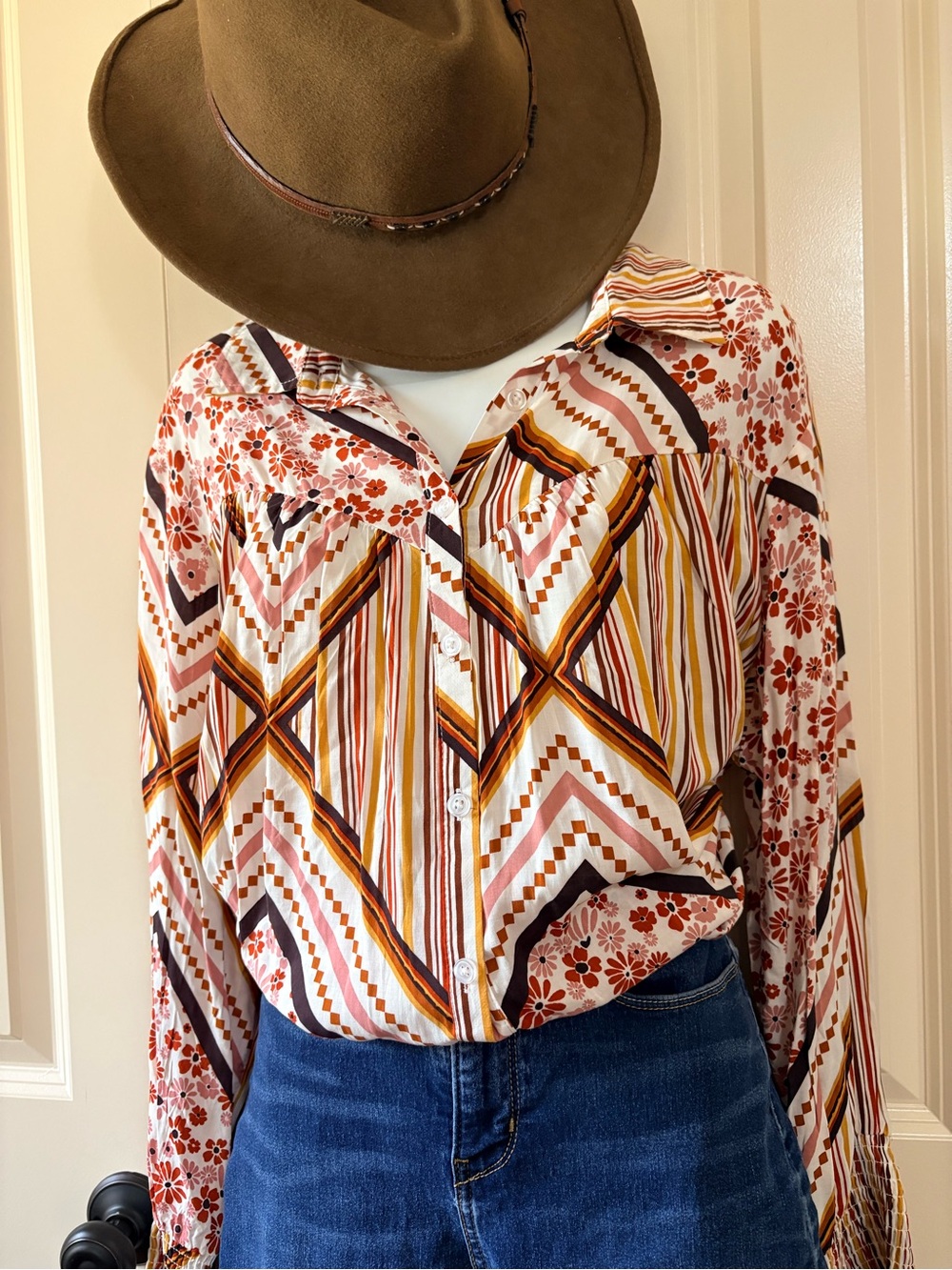 Women's Multi-Pattern Button-Up Shirt - Rust & Cream, size XXL